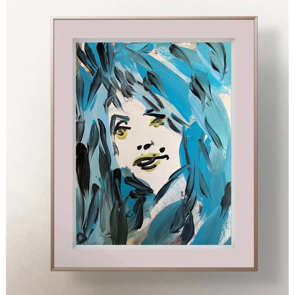 OMAN Dolly Parton Abstract Pop Art Portrait Painting 8.5x11 Paper Blue Minimal